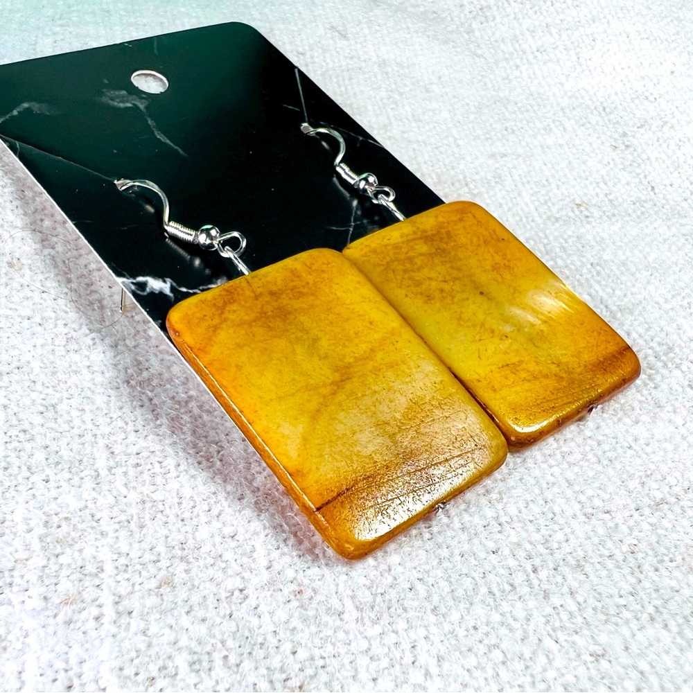 Stone Slab Earrings Golden‎ Brown Square Dangle Drop Statement 925 Sterling
